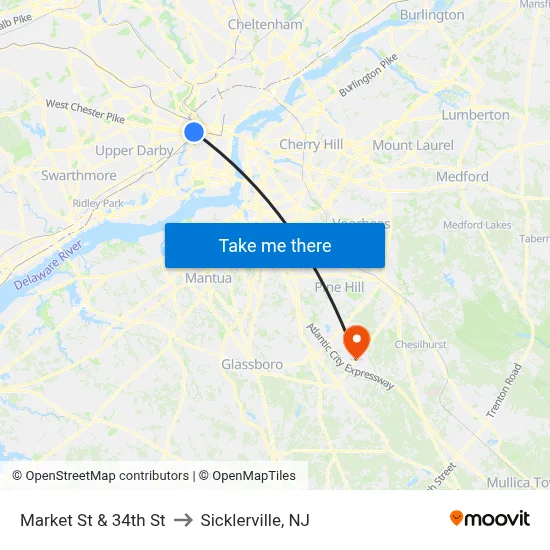 Market St & 34th St to Sicklerville, NJ map