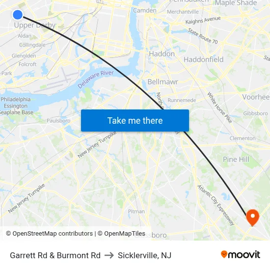 Garrett Rd & Burmont Rd to Sicklerville, NJ map