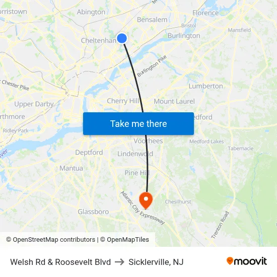 Welsh Rd & Roosevelt Blvd to Sicklerville, NJ map