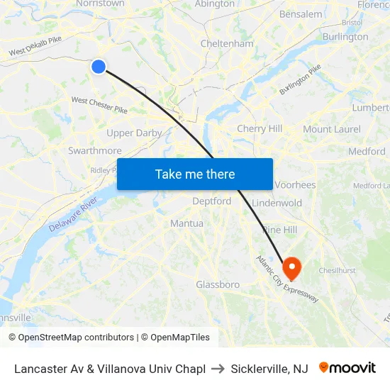 Lancaster Av & Villanova Univ Chapl to Sicklerville, NJ map