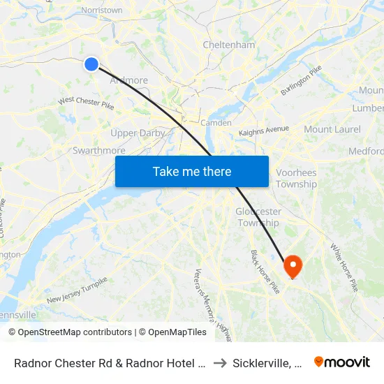 Radnor Chester Rd & Radnor Hotel Dr to Sicklerville, NJ map