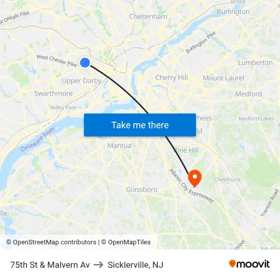 75th St & Malvern Av to Sicklerville, NJ map