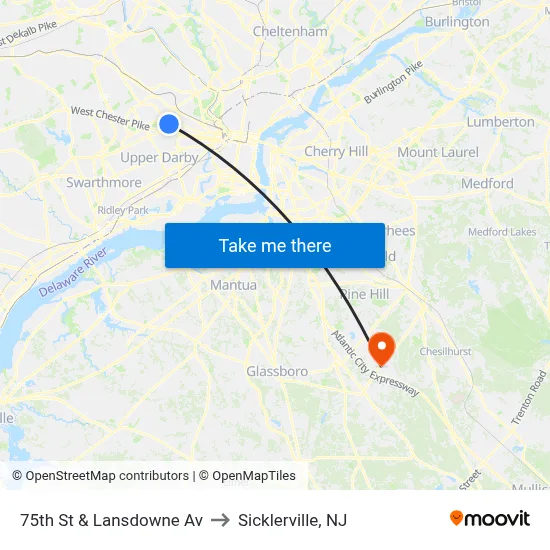 75th St & Lansdowne Av to Sicklerville, NJ map