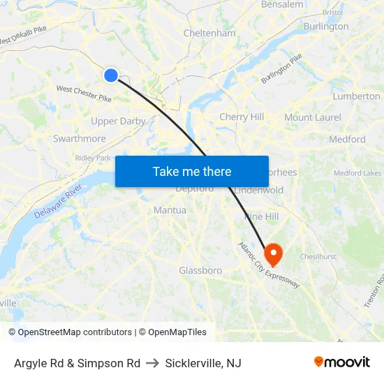 Argyle Rd & Simpson Rd to Sicklerville, NJ map