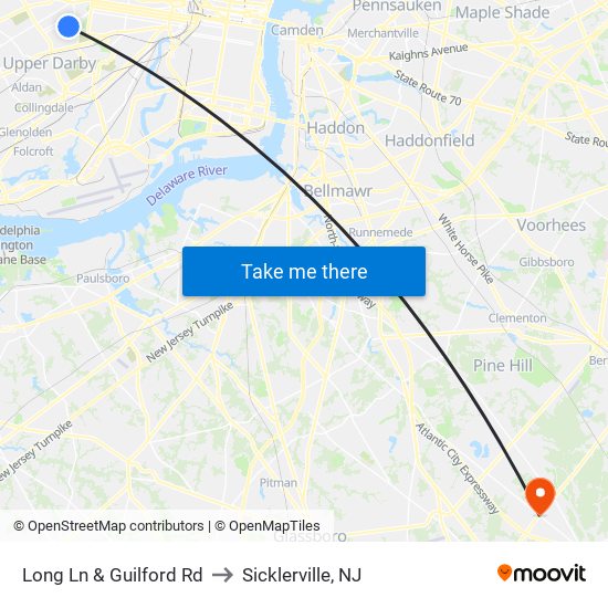 Long Ln & Guilford Rd to Sicklerville, NJ map