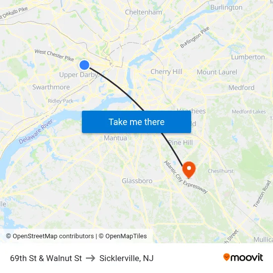 69th St & Walnut St to Sicklerville, NJ map