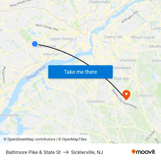 Baltimore Pike & State St to Sicklerville, NJ map