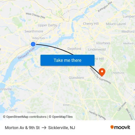 Morton Av & 9th St to Sicklerville, NJ map