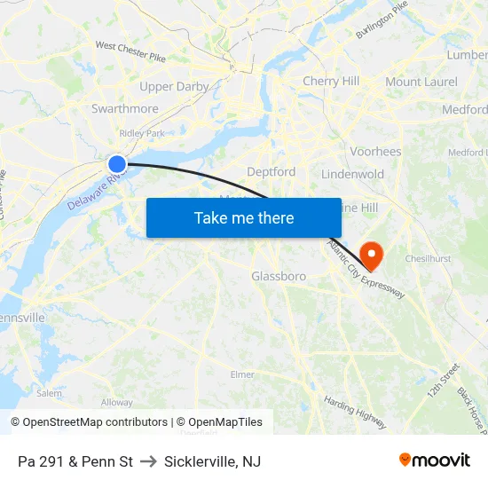 Pa 291 & Penn St to Sicklerville, NJ map