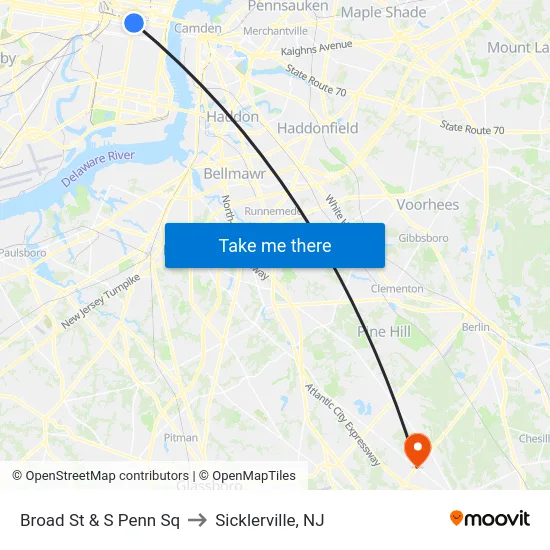 Broad St & S Penn Sq to Sicklerville, NJ map