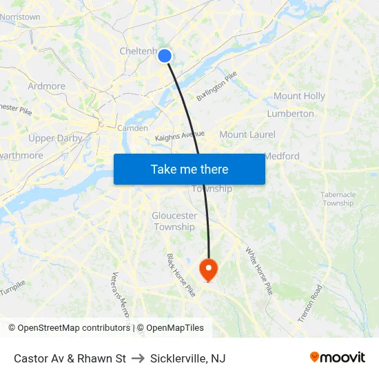 Castor Av & Rhawn St to Sicklerville, NJ map