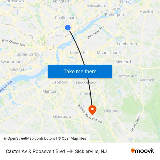 Castor Av & Roosevelt Blvd to Sicklerville, NJ map