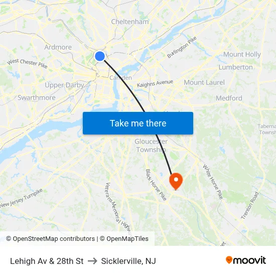 Lehigh Av & 28th St to Sicklerville, NJ map