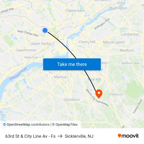 63rd St & City Line Av - Fs to Sicklerville, NJ map