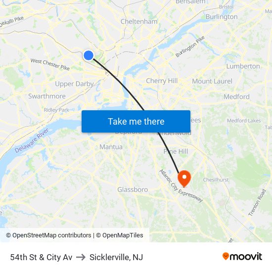 54th St & City Av to Sicklerville, NJ map