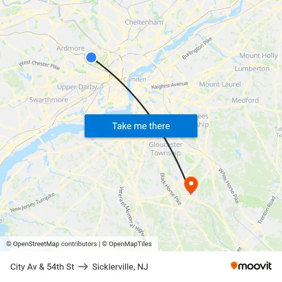 City Av & 54th St to Sicklerville, NJ map