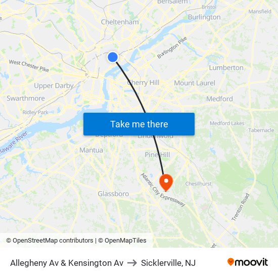 Allegheny Av & Kensington Av to Sicklerville, NJ map