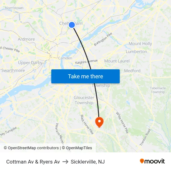 Cottman Av & Ryers Av to Sicklerville, NJ map