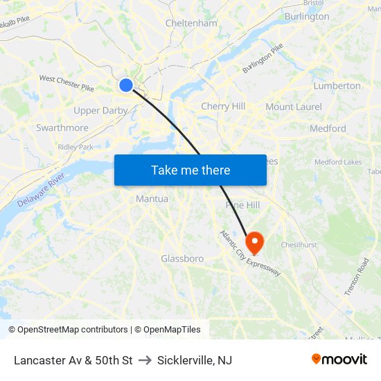 Lancaster Av & 50th St to Sicklerville, NJ map