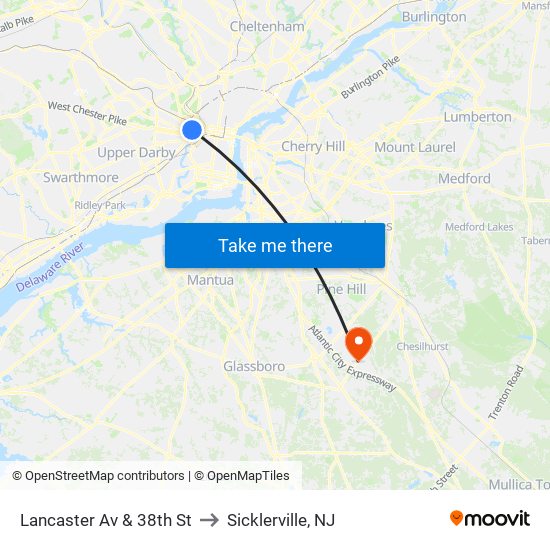 Lancaster Av & 38th St to Sicklerville, NJ map