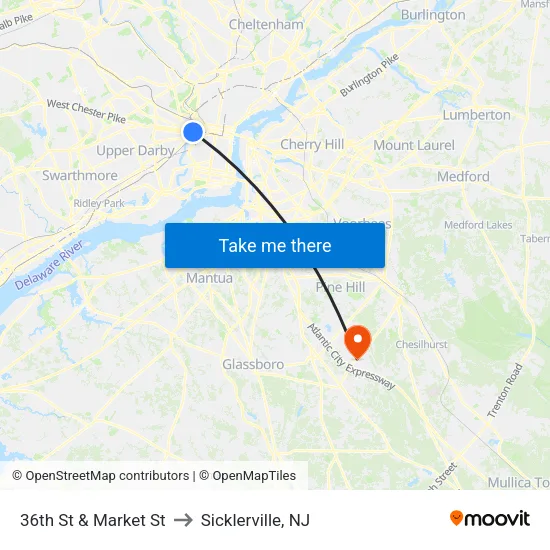 36th St & Market St to Sicklerville, NJ map