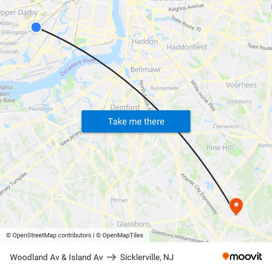 Woodland Av & Island Av to Sicklerville, NJ map