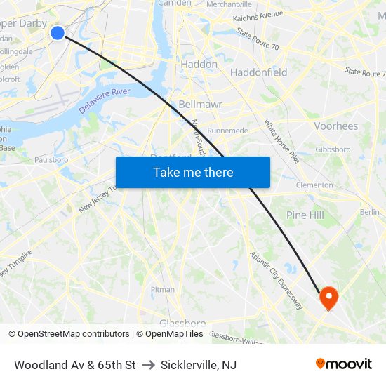 Woodland Av & 65th St to Sicklerville, NJ map