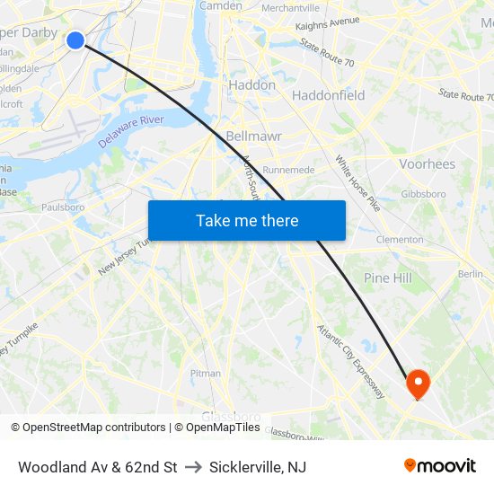 Woodland Av & 62nd St to Sicklerville, NJ map