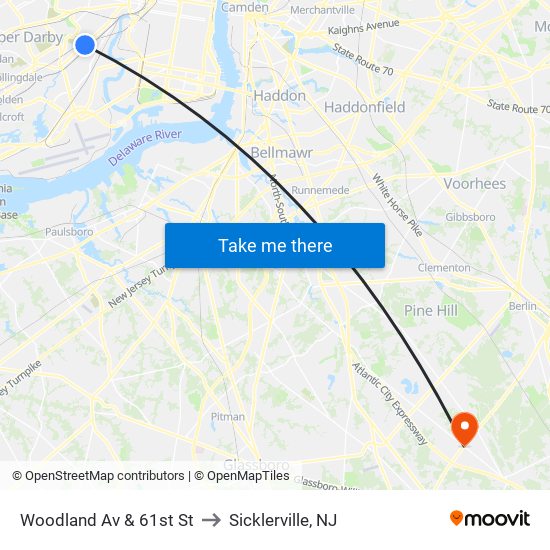 Woodland Av & 61st St to Sicklerville, NJ map