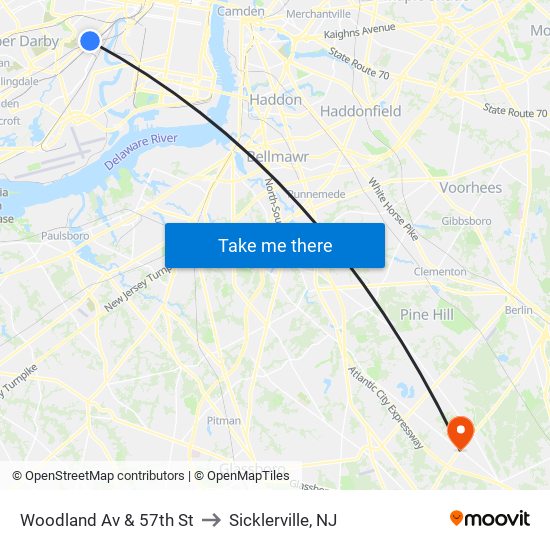 Woodland Av & 57th St to Sicklerville, NJ map