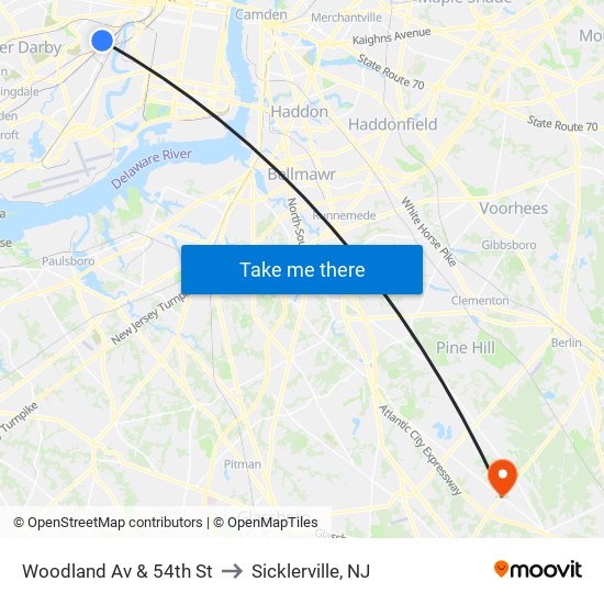 Woodland Av & 54th St to Sicklerville, NJ map
