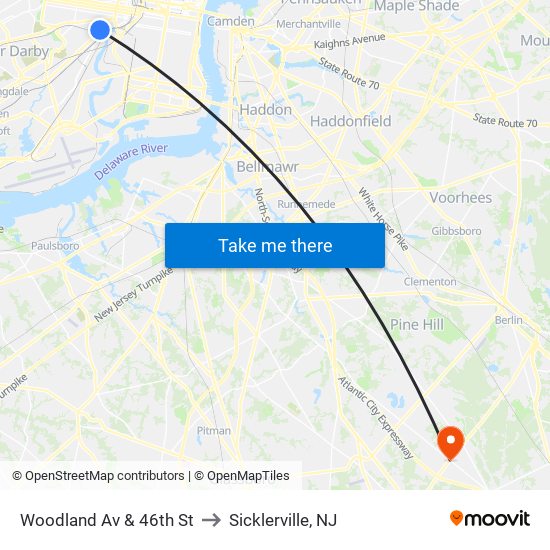 Woodland Av & 46th St to Sicklerville, NJ map