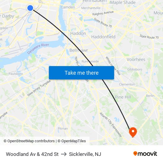 Woodland Av & 42nd St to Sicklerville, NJ map