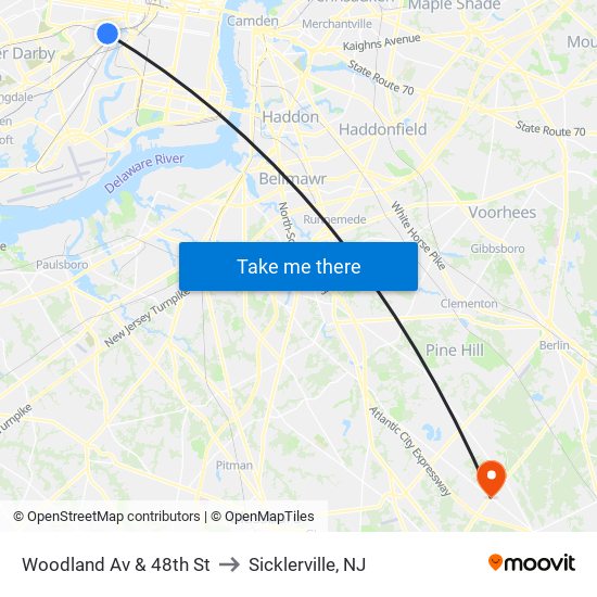 Woodland Av & 48th St to Sicklerville, NJ map