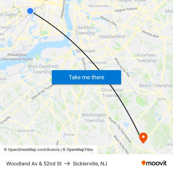 Woodland Av & 52nd St to Sicklerville, NJ map