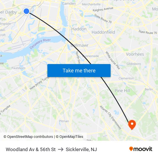 Woodland Av & 56th St to Sicklerville, NJ map