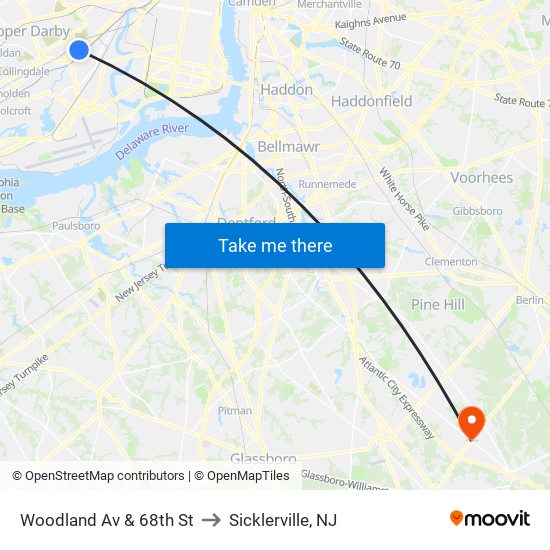 Woodland Av & 68th St to Sicklerville, NJ map