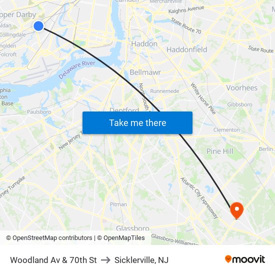 Woodland Av & 70th St to Sicklerville, NJ map