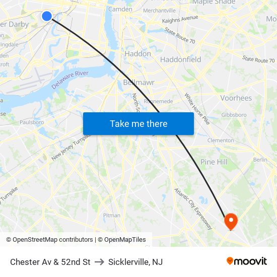 Chester Av & 52nd St to Sicklerville, NJ map