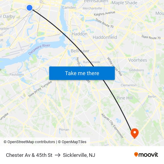 Chester Av & 45th St to Sicklerville, NJ map