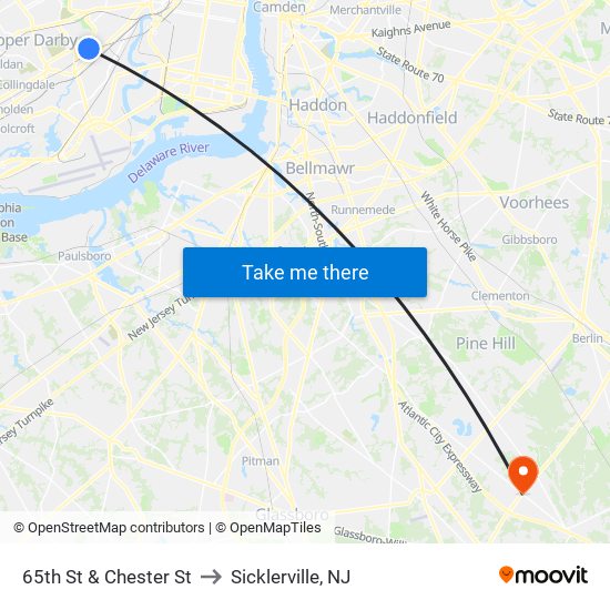 65th St & Chester St to Sicklerville, NJ map