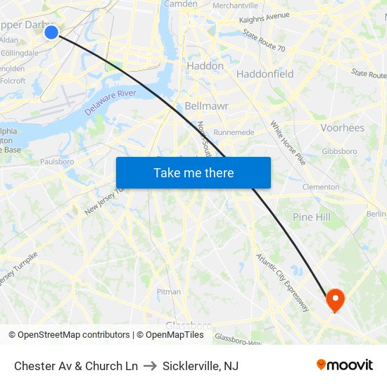 Chester Av & Church Ln to Sicklerville, NJ map
