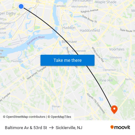 Baltimore Av & 53rd St to Sicklerville, NJ map