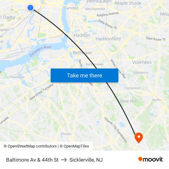 Baltimore Av & 44th St to Sicklerville, NJ map