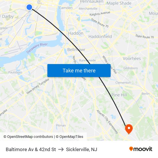 Baltimore Av & 42nd St to Sicklerville, NJ map