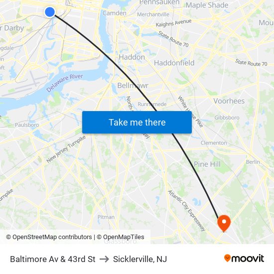 Baltimore Av & 43rd St to Sicklerville, NJ map