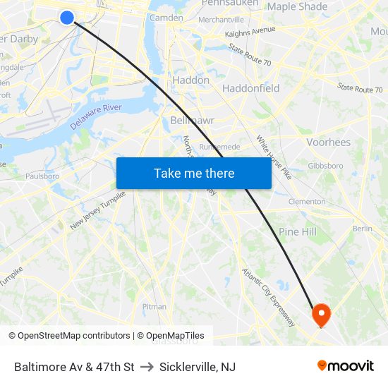 Baltimore Av & 47th St to Sicklerville, NJ map