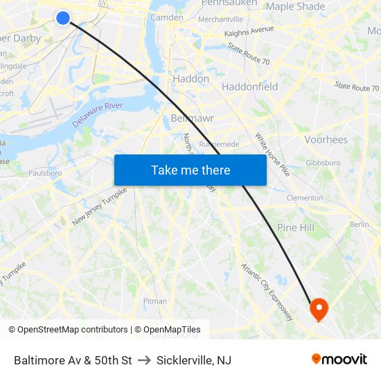 Baltimore Av & 50th St to Sicklerville, NJ map