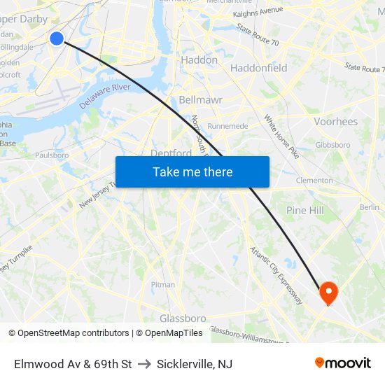 Elmwood Av & 69th St to Sicklerville, NJ map