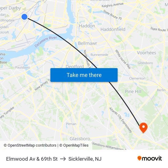 Elmwood Av & 69th St to Sicklerville, NJ map